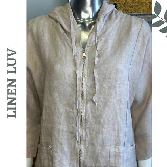 Linen Luv Zipper Front Hooded Jacket Front Pockets Natural Unlined - Picture 7 of 7